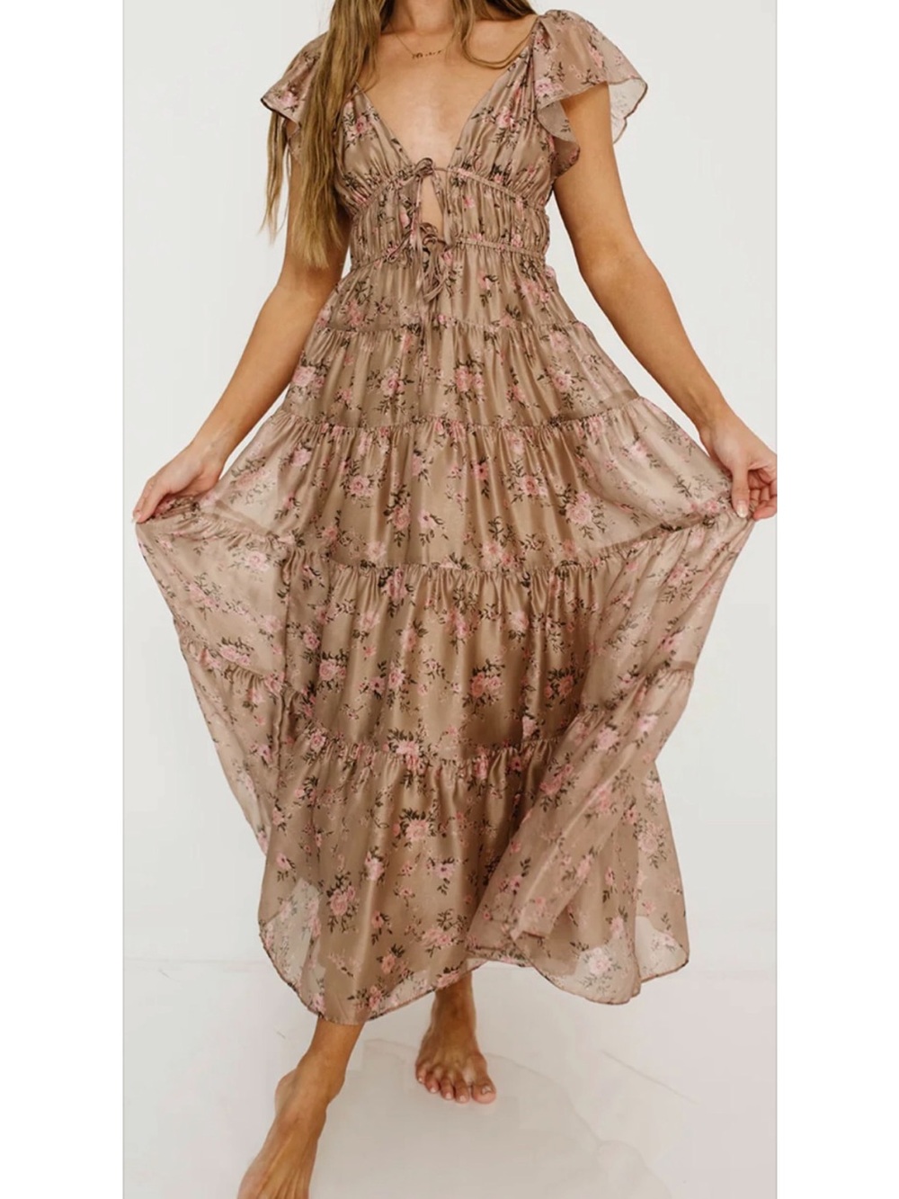 Boho Floral Tie-Front Maxi Dress in Taupe